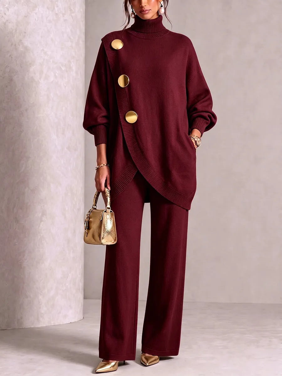 Women's Asymmetric High-Neck Sweater & Wide-Leg Pants Set