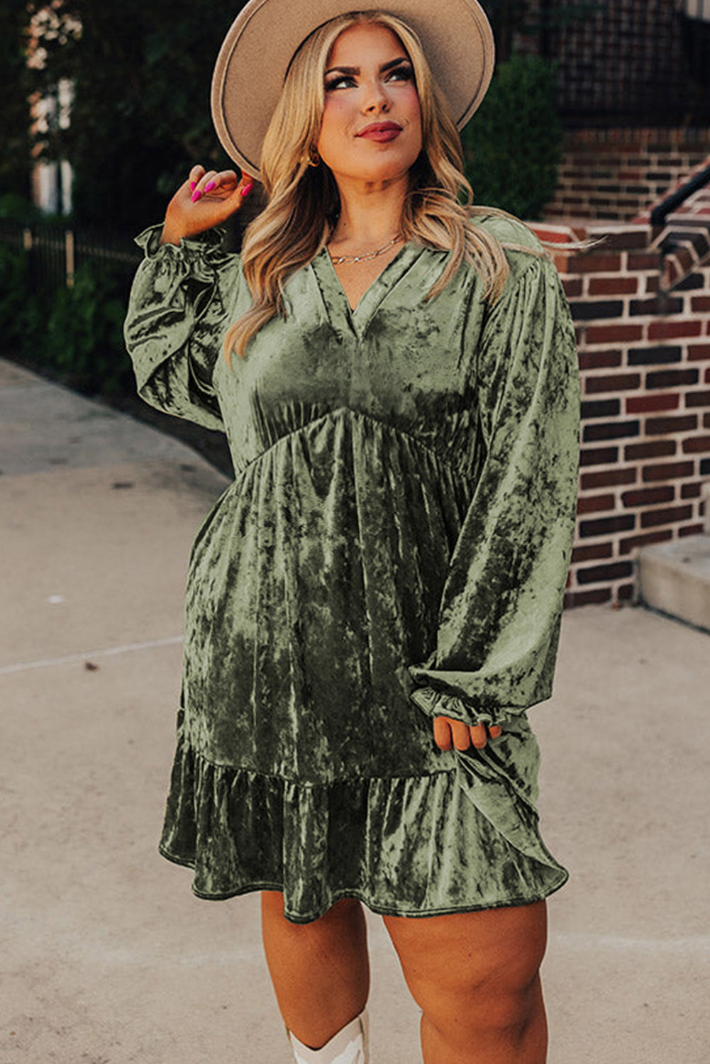 Minivestido Babydoll de Terciopelo Talla Grande Verde Jungla
