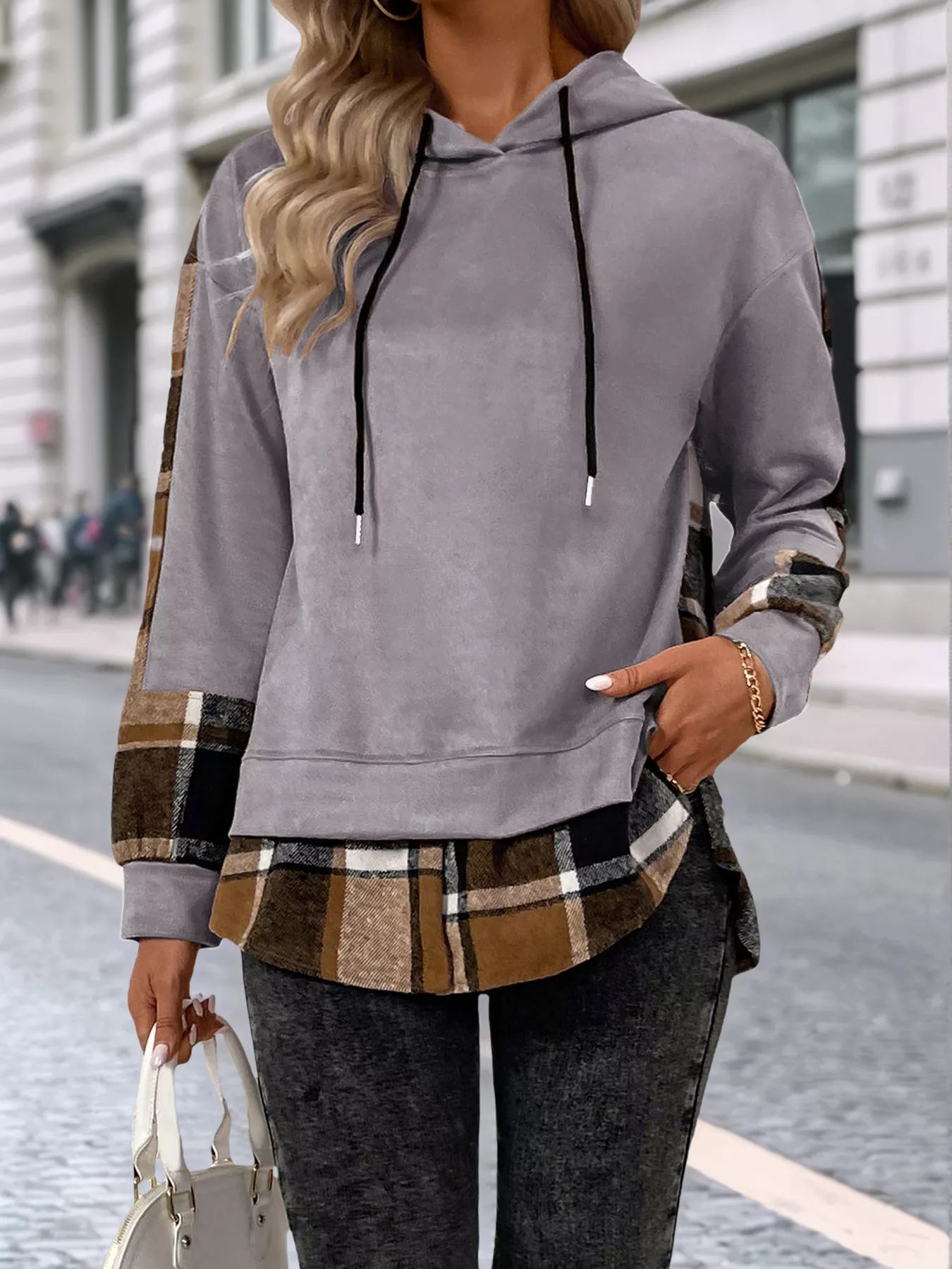 Plaid Drawstring Long Sleeve Hoodie