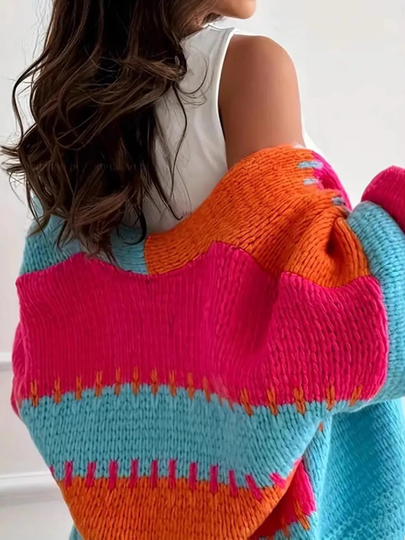 Women Color Block Drop Shoulder Cardigan Sweater