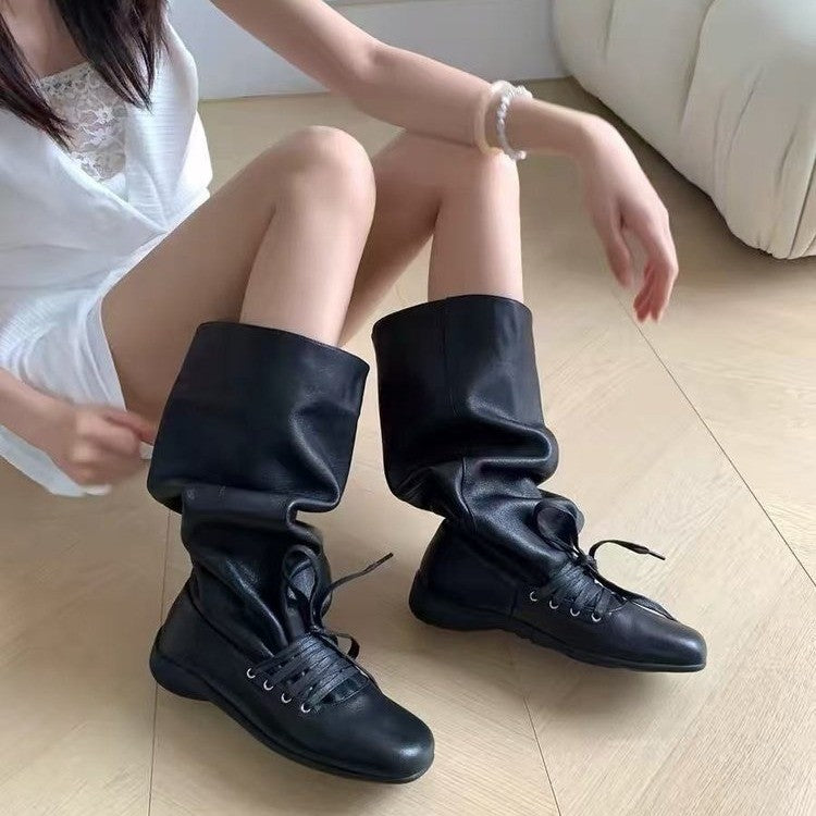 Women Retro Slouch Stack Style Knee High Boots, Soft Wrinkle Leather Round Toe Flat Heel Front Lace Up Casual Street Wear Long Booties