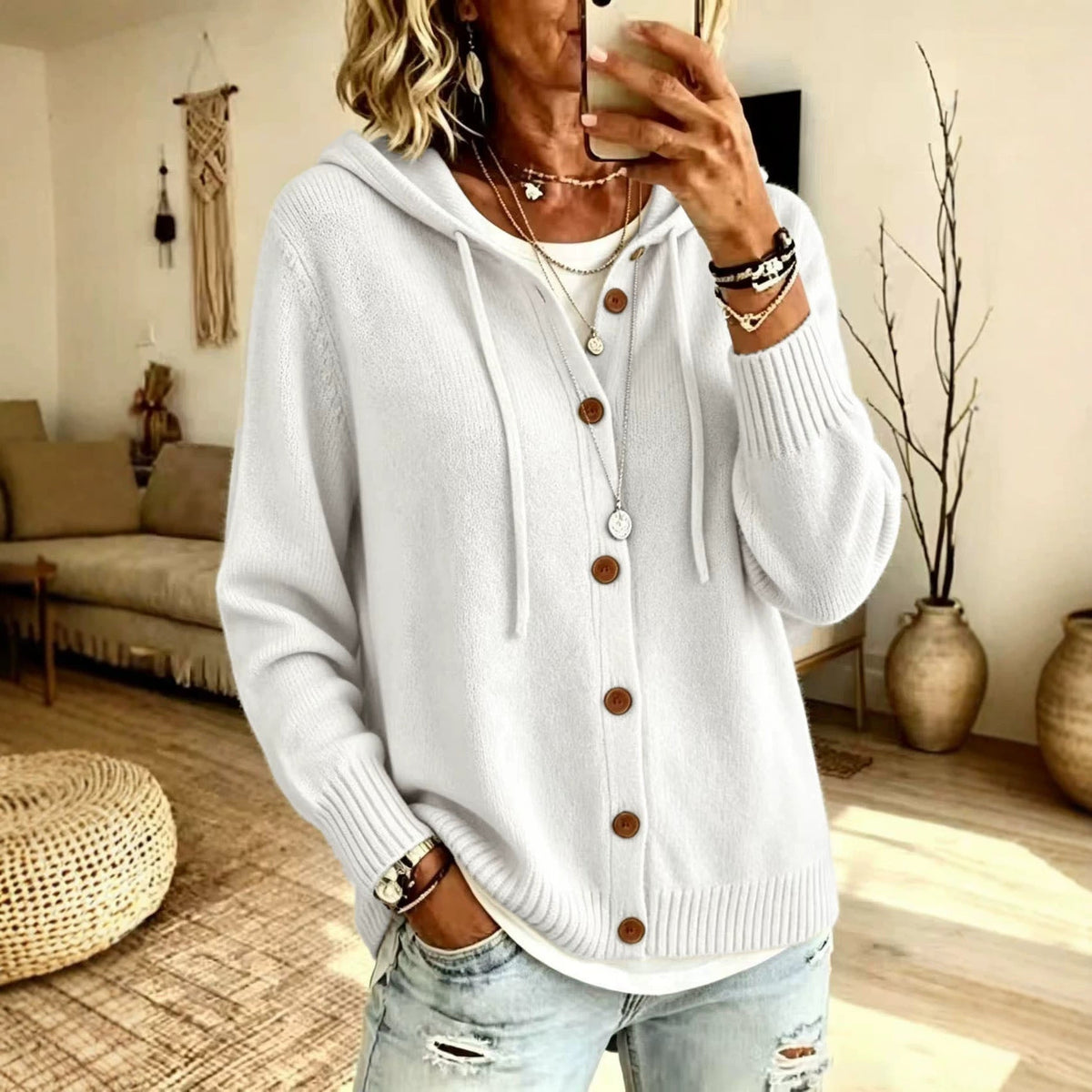Hooded Drawstring Sweatshirt Cardigan With Knitted Buttons
