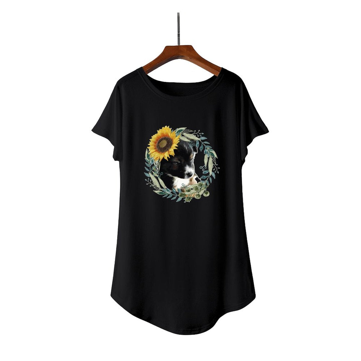 Cute Black Puppy Casual Summer Short T-Shirt Dress (Front Printing)