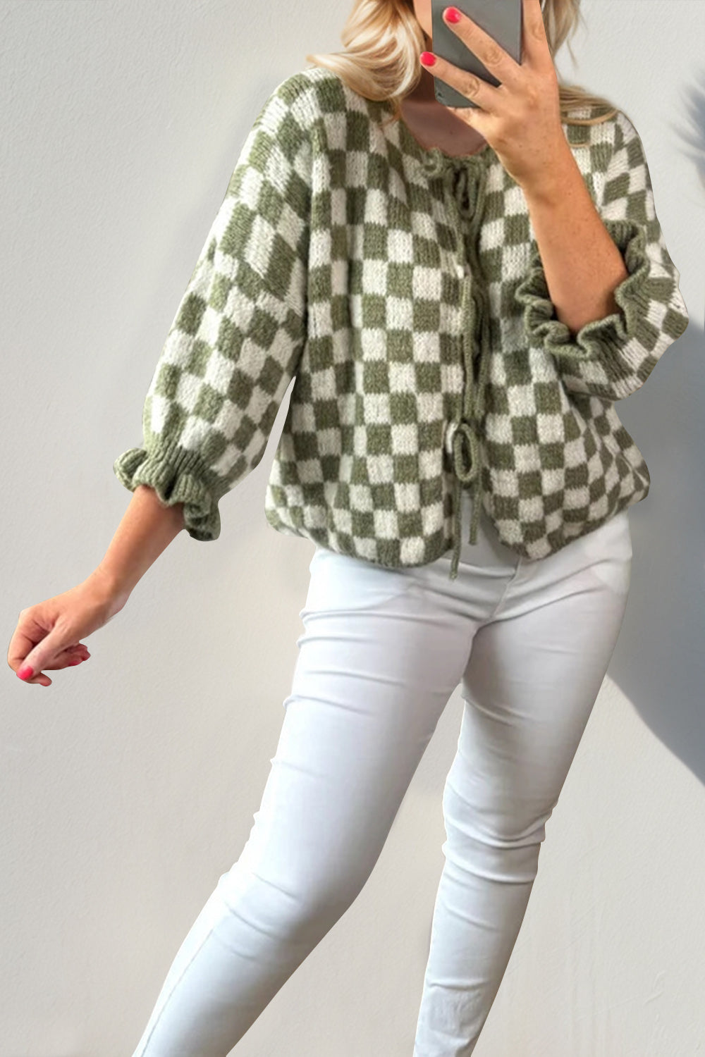 Back To School Sweater - Double Take Tied Checkered Dropped Shoulder Flounce Sleeve Cardigan