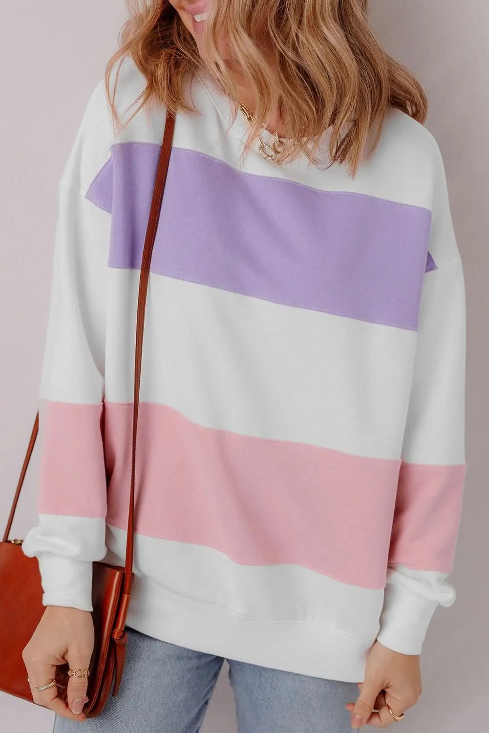 Love Salve Beige Colorblock Patchwork Drop Shoulder Crewneck