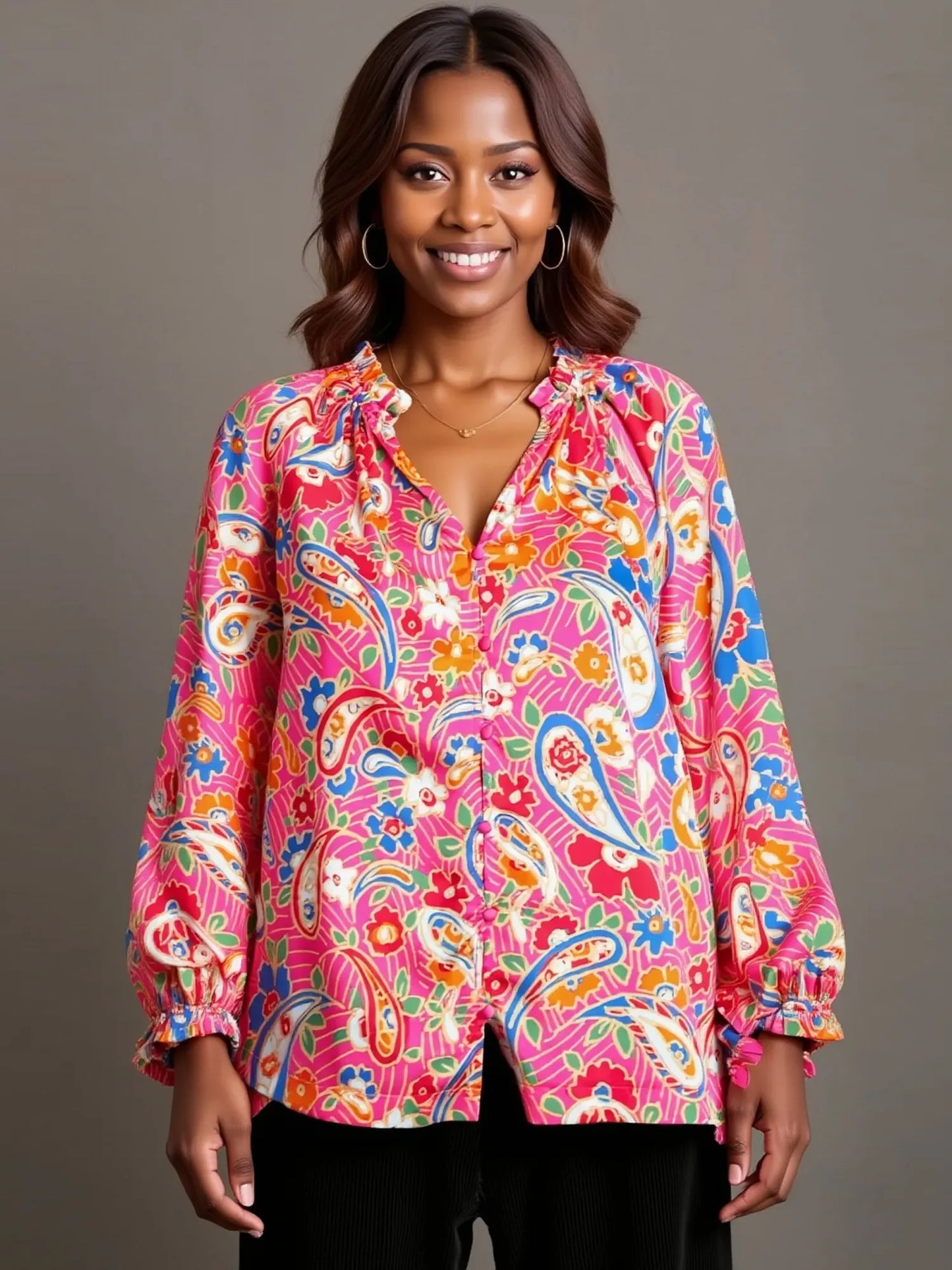 Full Size Satin Paisley Ruffle Neck Button-Up Shirt Plus Size