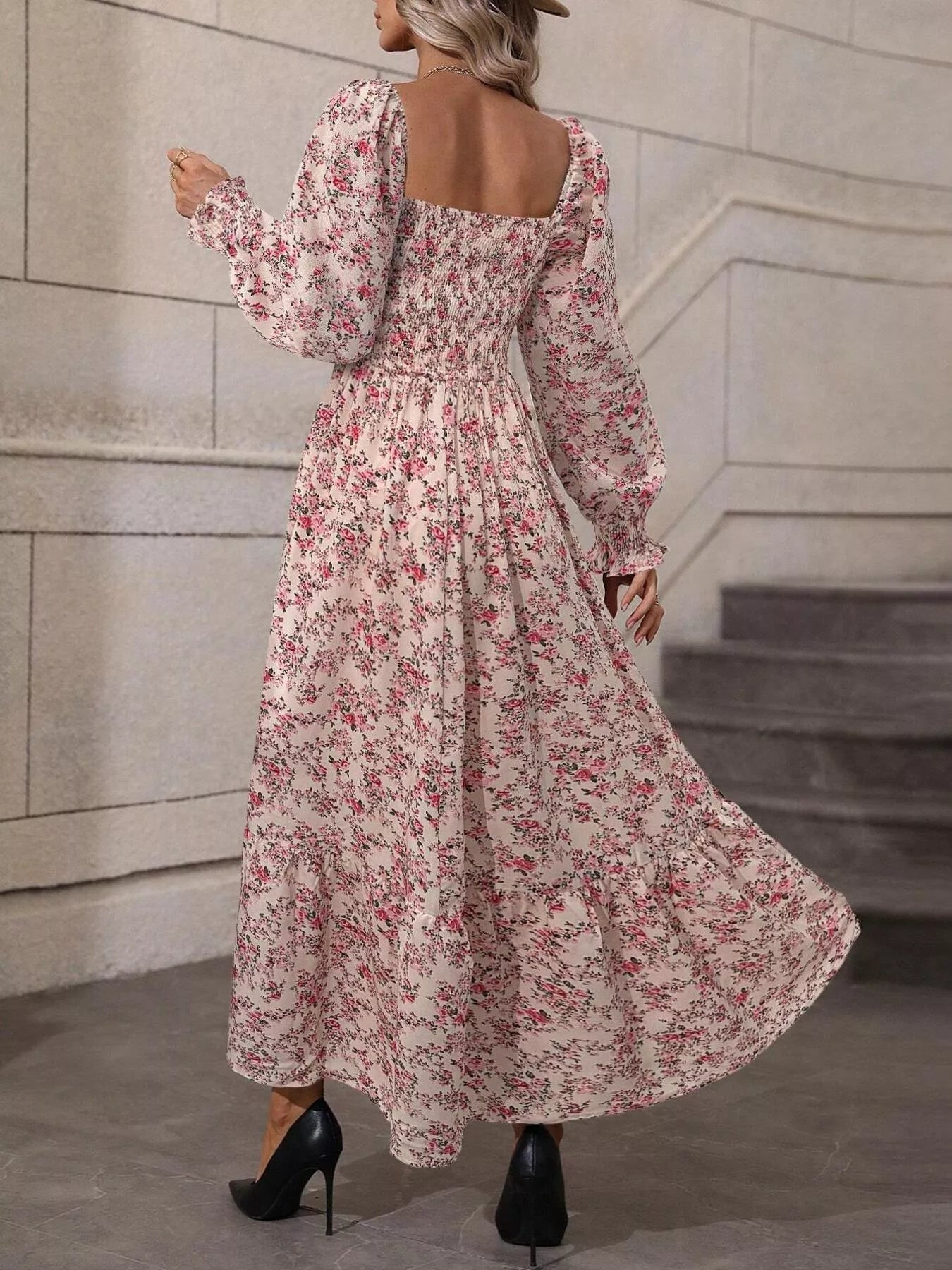 Floral Print Square Neck Smocked Midi Dress
