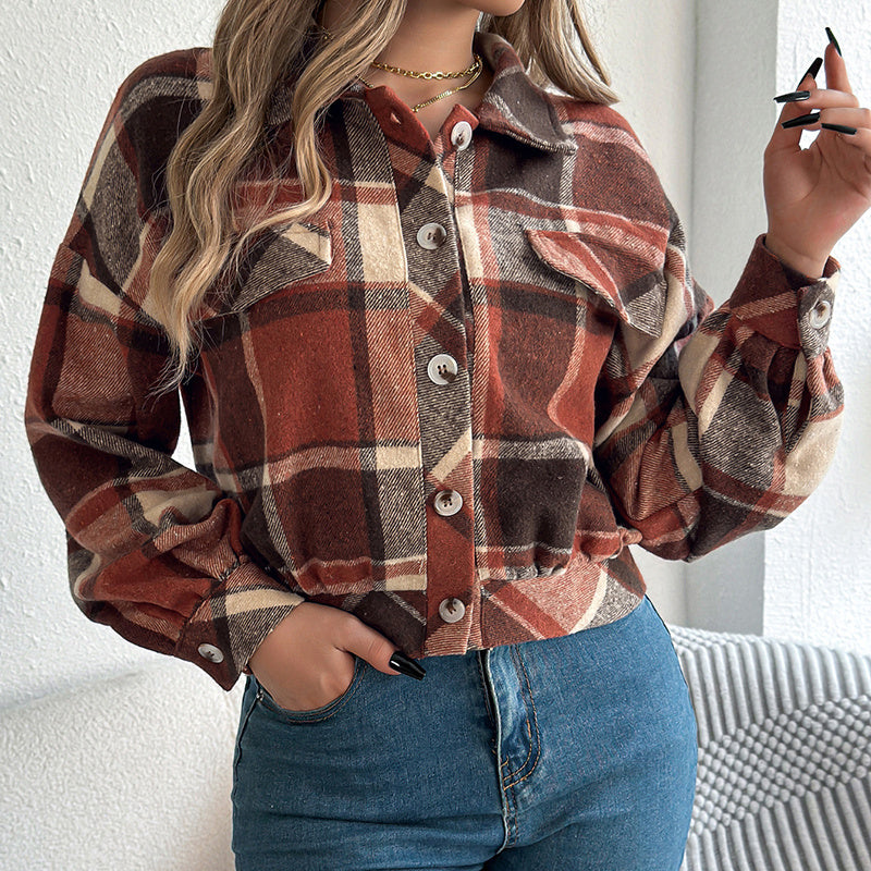 Shacket a cuadros – Chaqueta de camisa de manga larga con botones para mujer