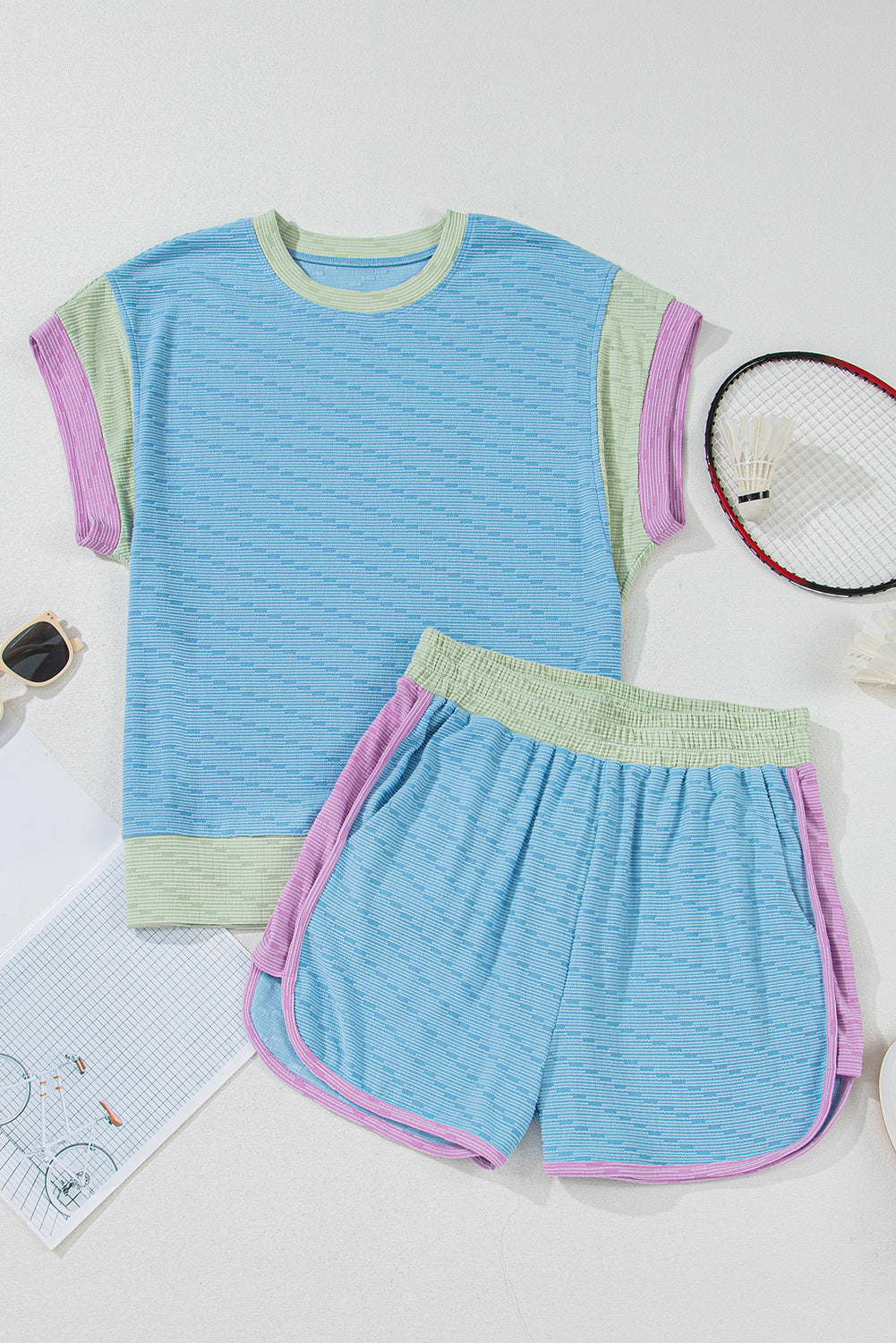 Conjunto de blusa sin mangas y shorts color block azul Beau