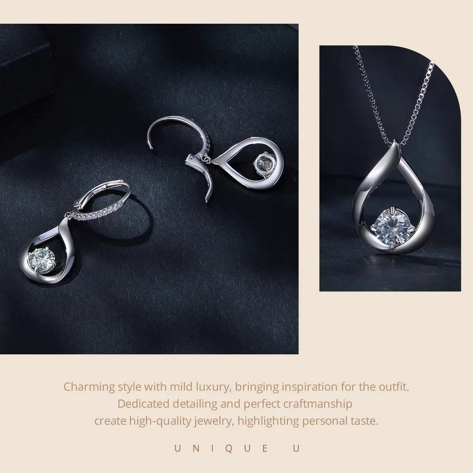 1CT Moissanite Waterdrop Necklace And Drop Earrings 925 Sterling Silver Wedding Bridal Jewelry Set