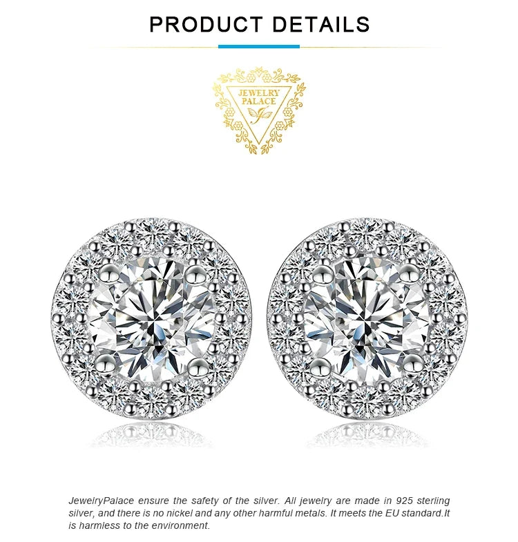 Round Moissanite Halo Stud Earrings in Sterling Silver