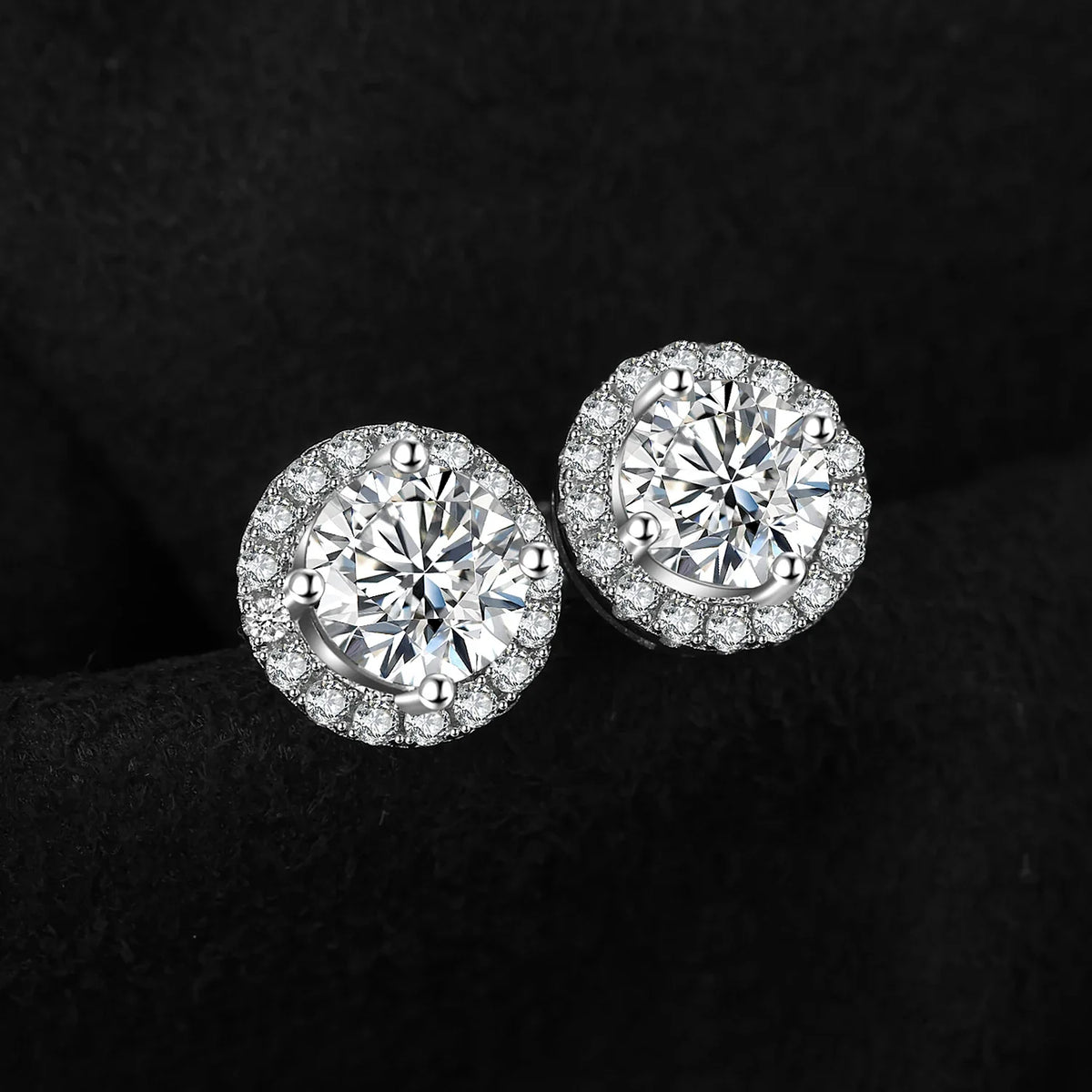 Round Moissanite Halo Stud Earrings in Sterling Silver