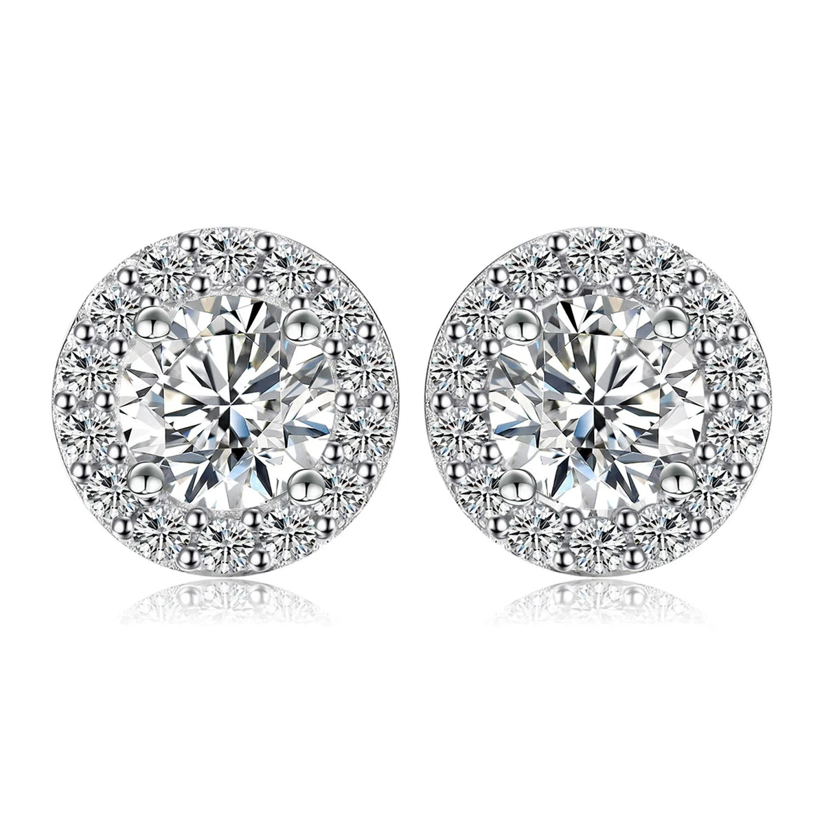 Round Moissanite Halo Stud Earrings in Sterling Silver