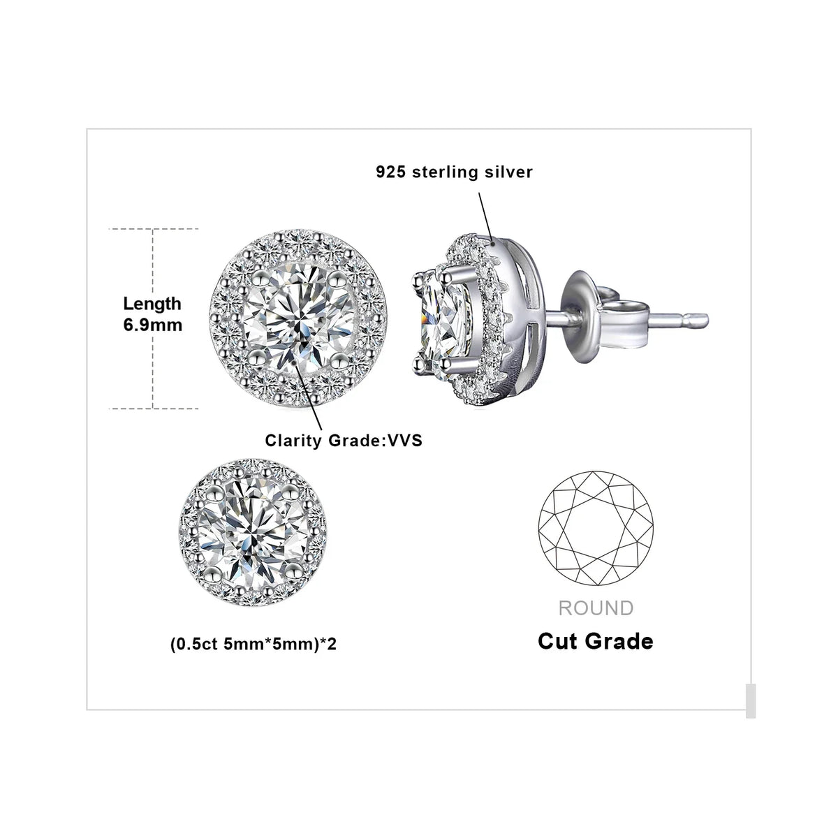 Round Moissanite Halo Stud Earrings in Sterling Silver