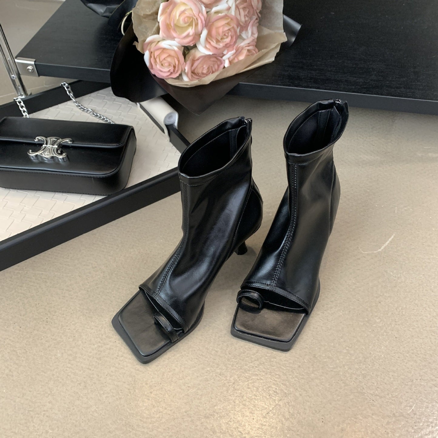 Open-Toe High-Heel Square-Toe Boots