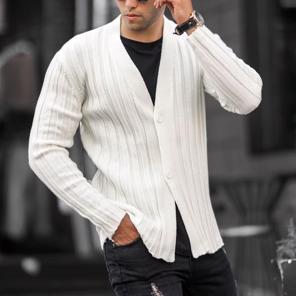 Cárdigan liso de color para hombre estilo europeo y americano, suéter casual de punto con patrón de rayas verticales y corte ajustado
