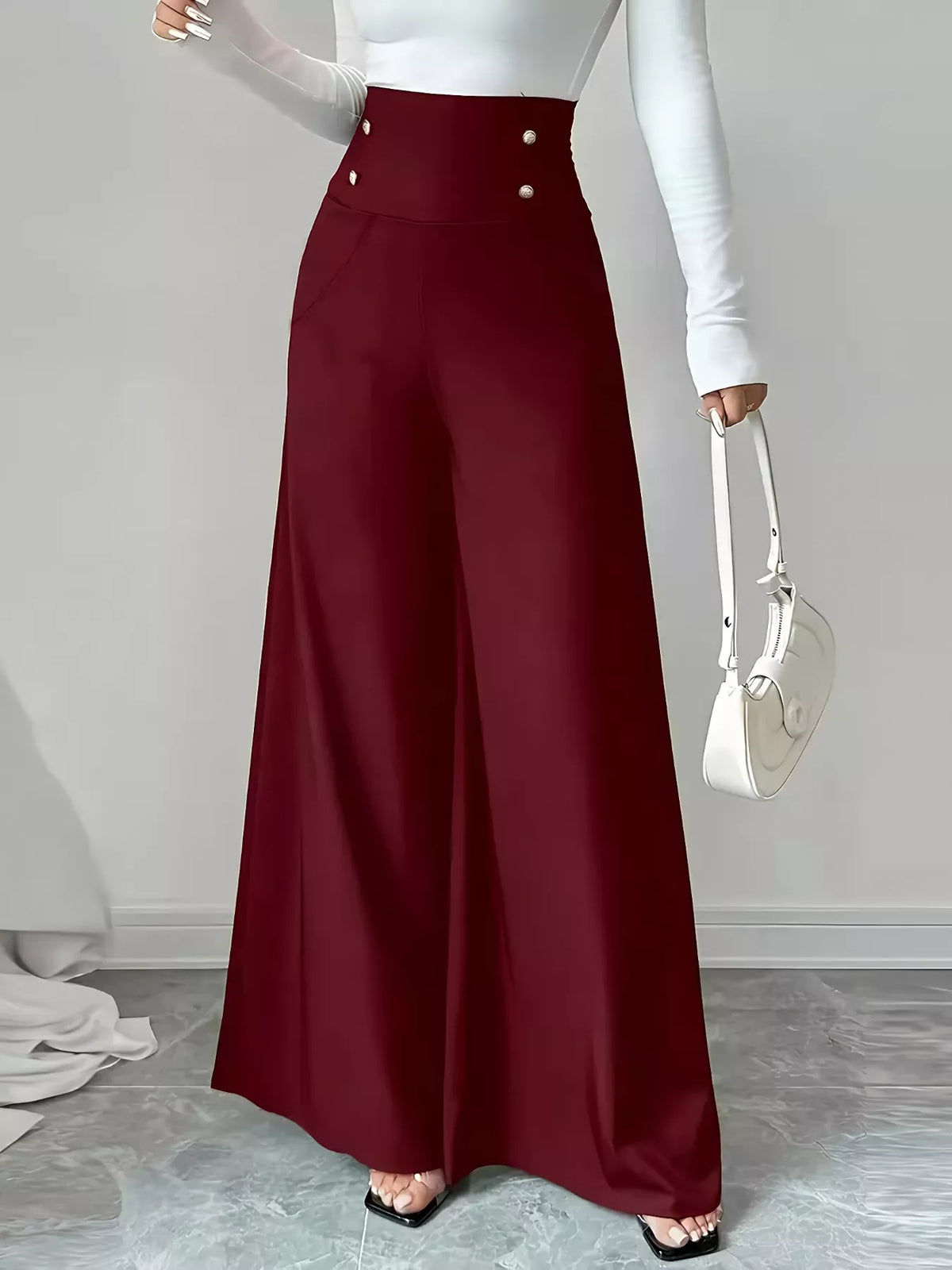 High Waist Wide Leg Button Decor Pants