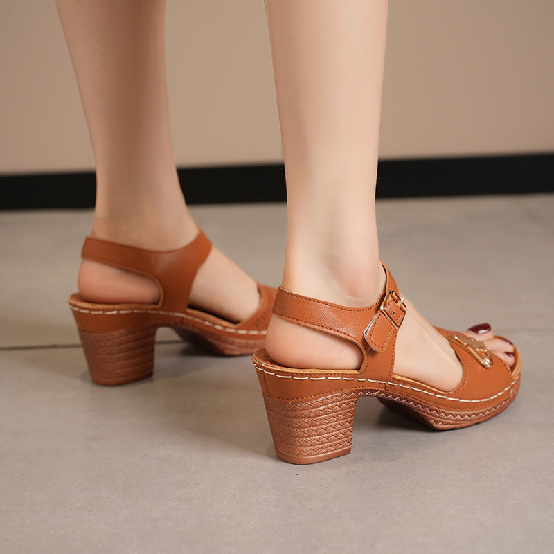 Women's Face Buckle Chunky Heel Sandals