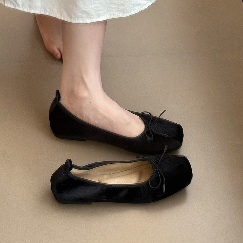 Women Square Toe Soft Leather Bow Decor Ballet Flats, Elegant Shallow Cut Slip-on Casual Shoes