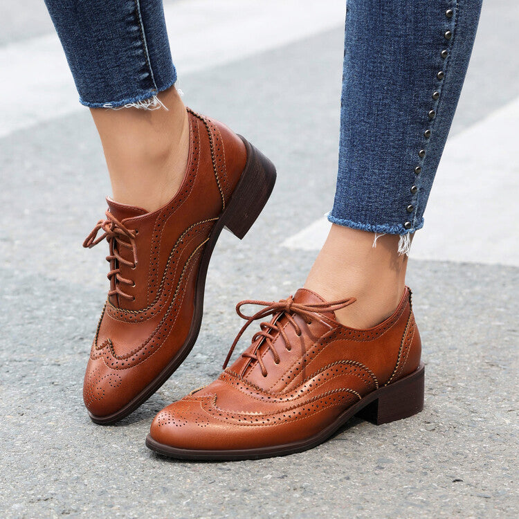 Women's Color Matching Round-Toe Lace-Up Heels