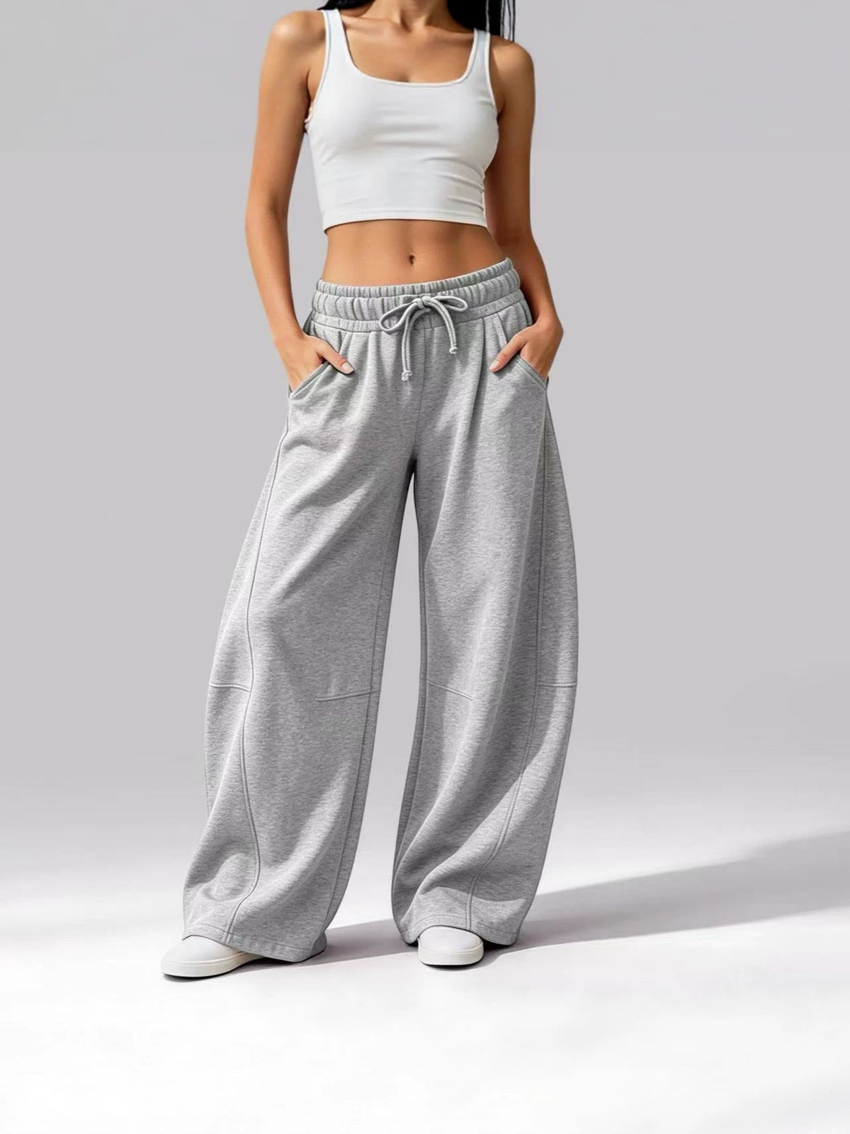 Women's Solid Color Casual Pocket Wide-Leg Pants, Fleece-Lined Drawstring Sweatpants