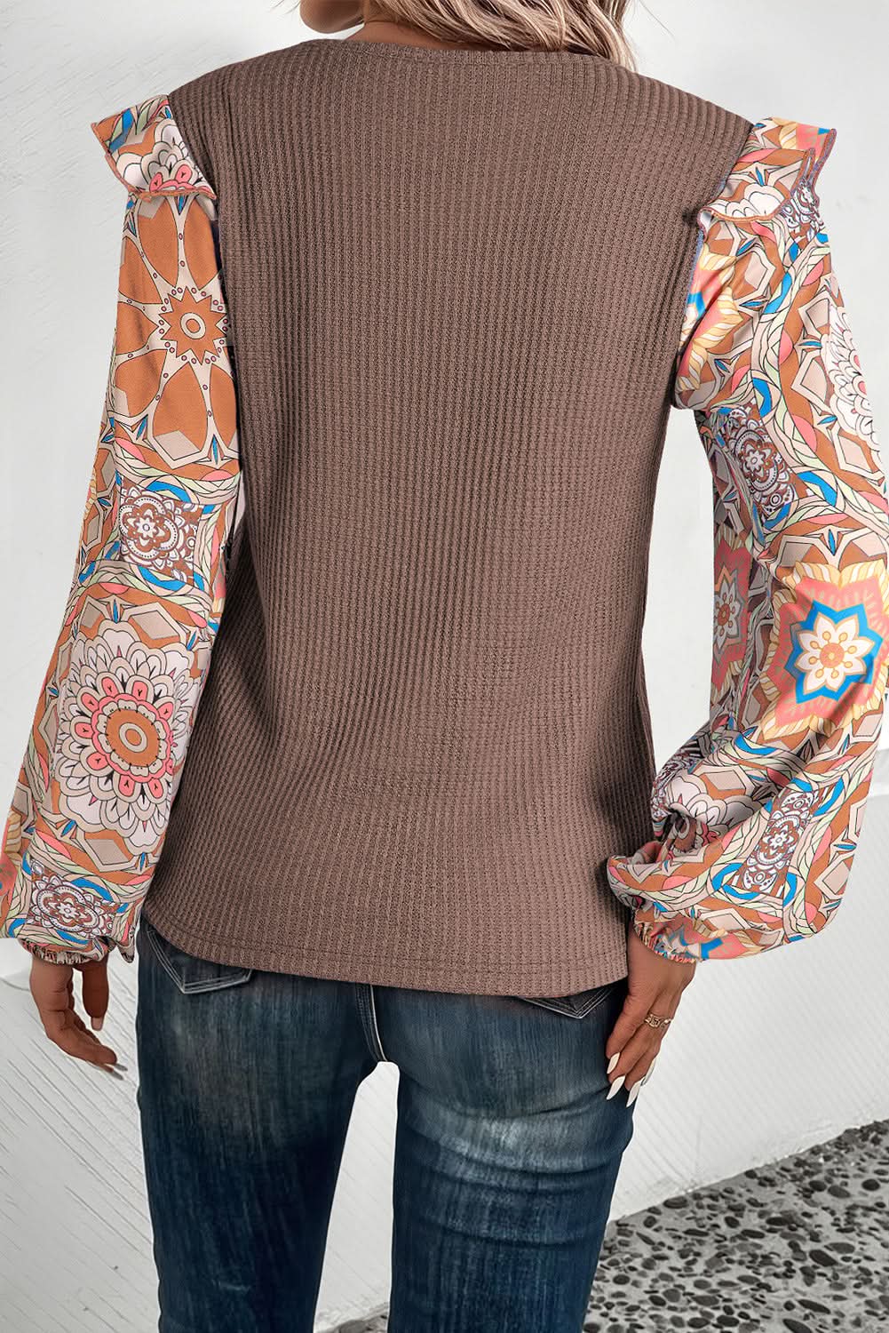 Love Salve Coffee Waffle Knit Blouse With Floral Patchwork