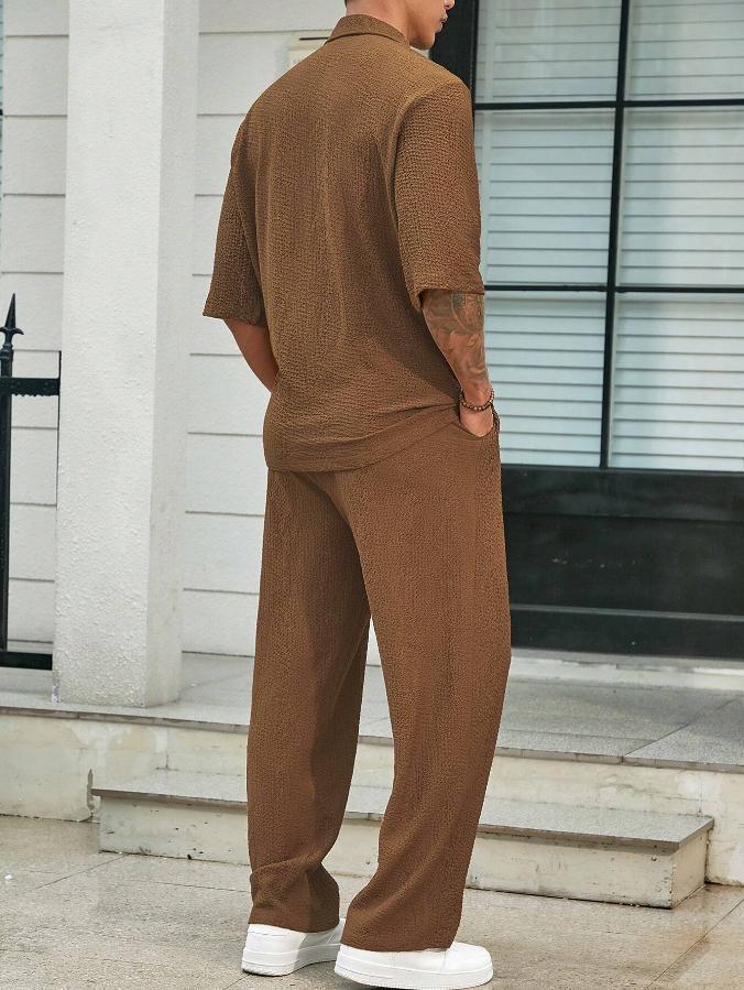 Trajes de Cercanías Camisa de Manga Corta y Pantalón Recto Suelto Atuendos Casuales Ropa de Hombre para Exteriores