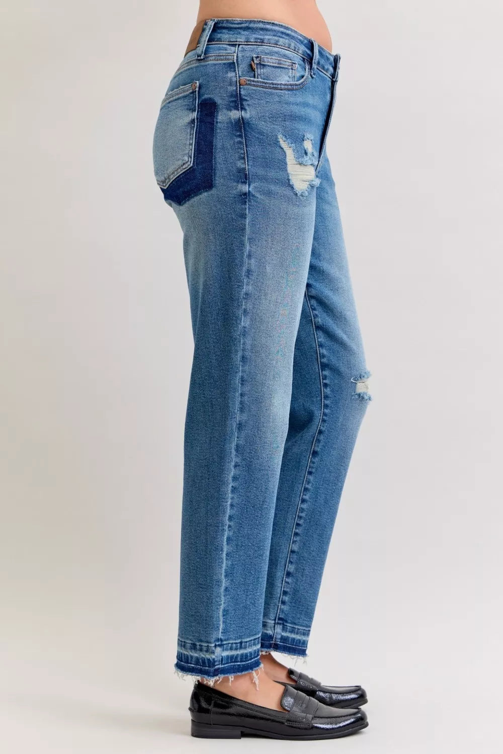 Judy Blue Full Size Mid Rise Bf Patch & Repair Destroy Release Hem Jeans Plus Size