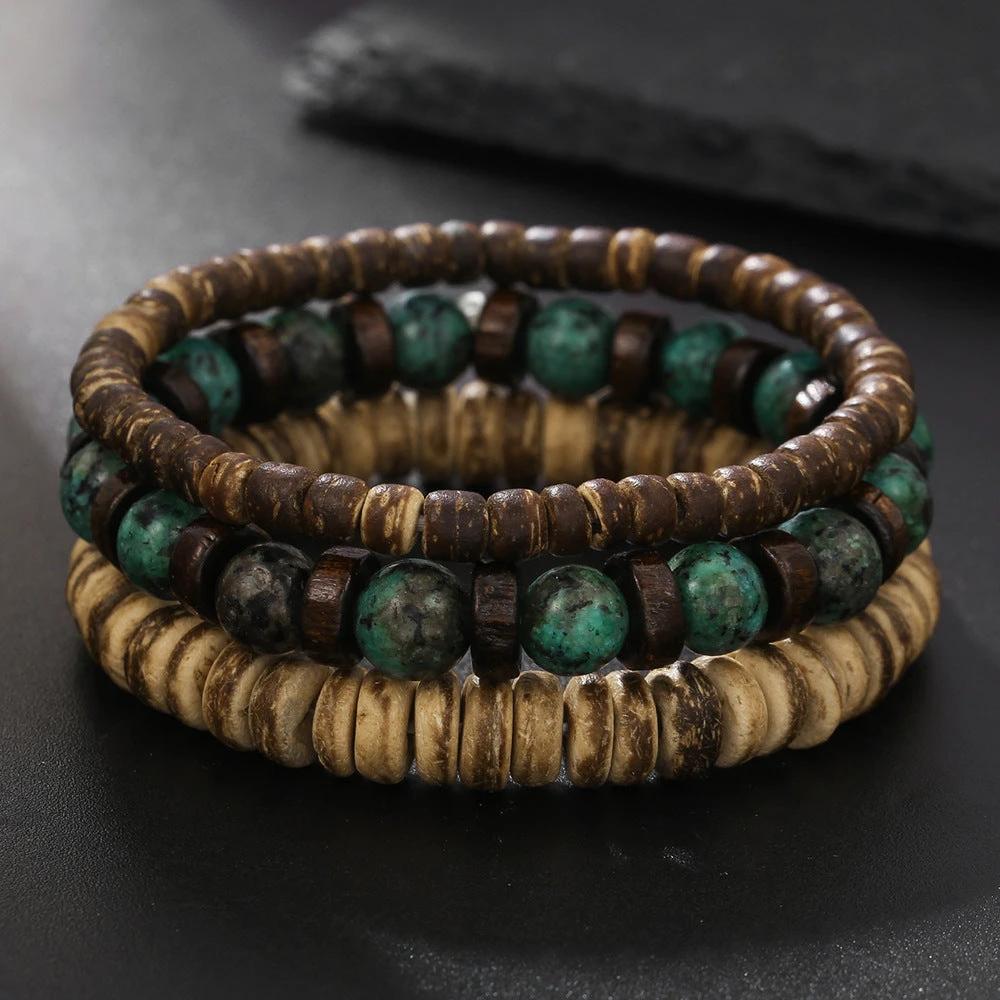 Retro Men's Coconut Wood Multi-Layer Stackable Bracelet Set
