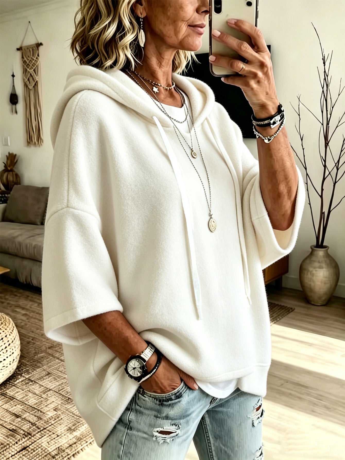 Women's Oversized Batwing Sleeve Hoodie – Loose Fleece Pullover