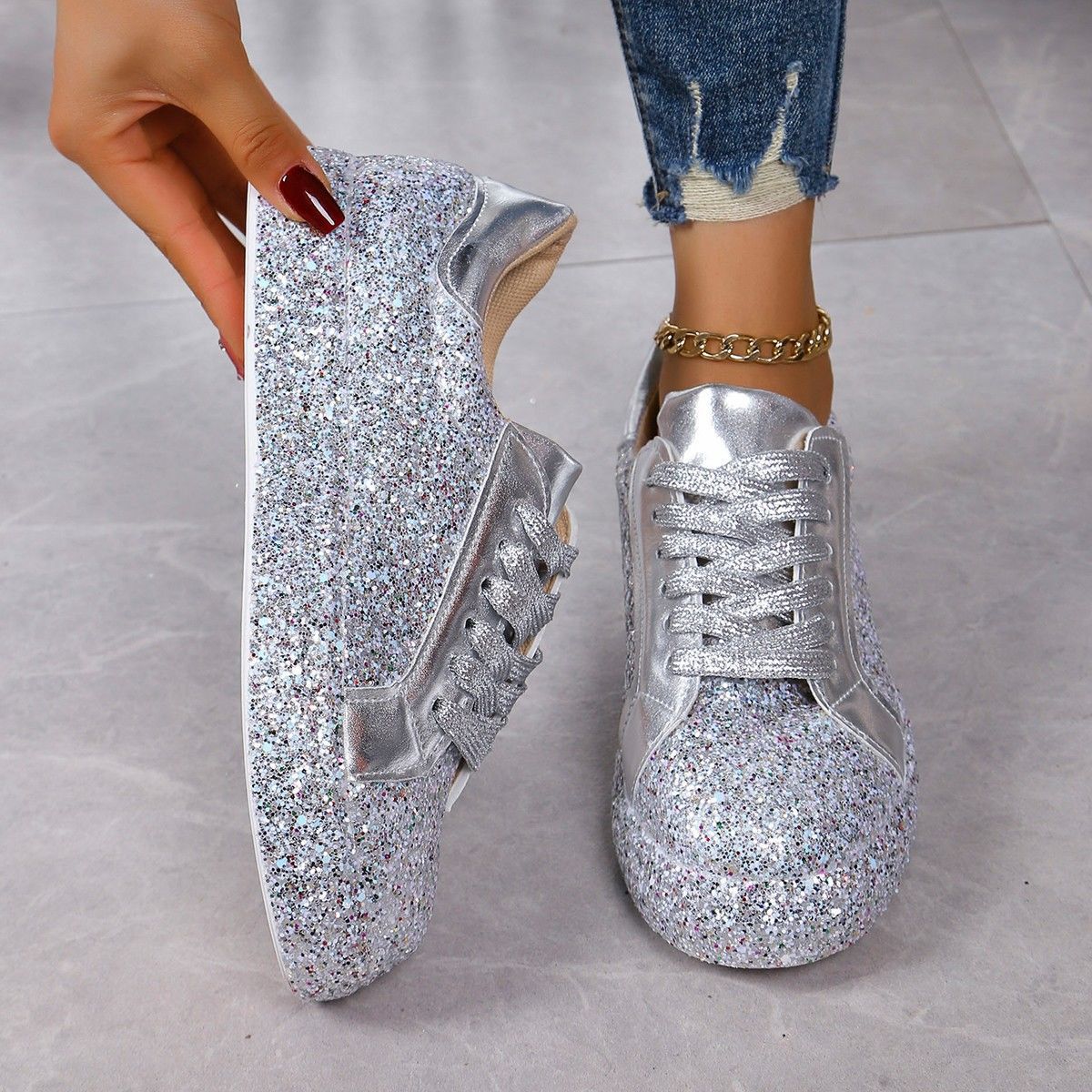 Women's Sequined Casual Lace-Up Sneakers