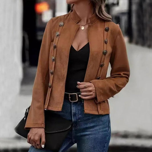 Chaqueta Corta Sólida Cruzada Diseño Decorativo Moda Retro Gamuza Manga Larga Abrigo Tops Para Ropa De Mujer