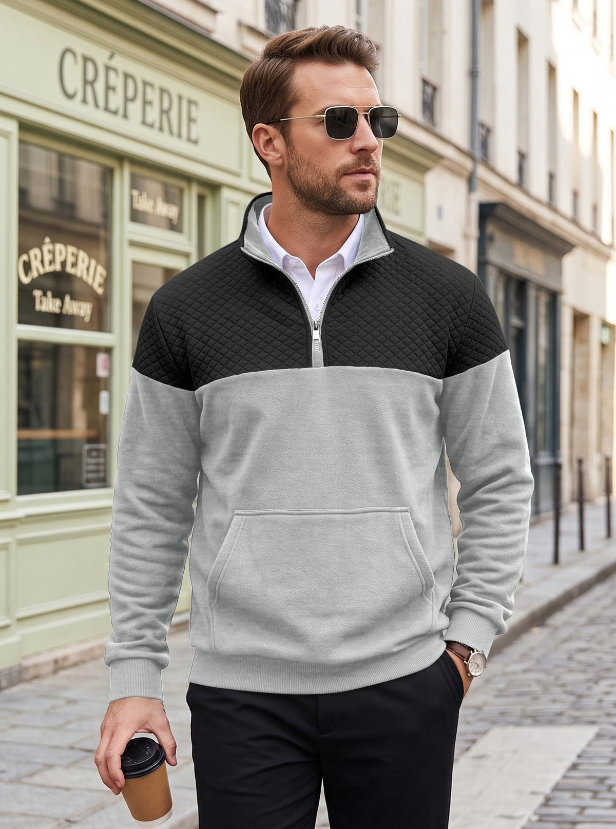 Cross Border American Men's Waffle Casual Stand Collar Zipper Pullover Small Square Long Sleeve Sweater TK Rhombus Jacket