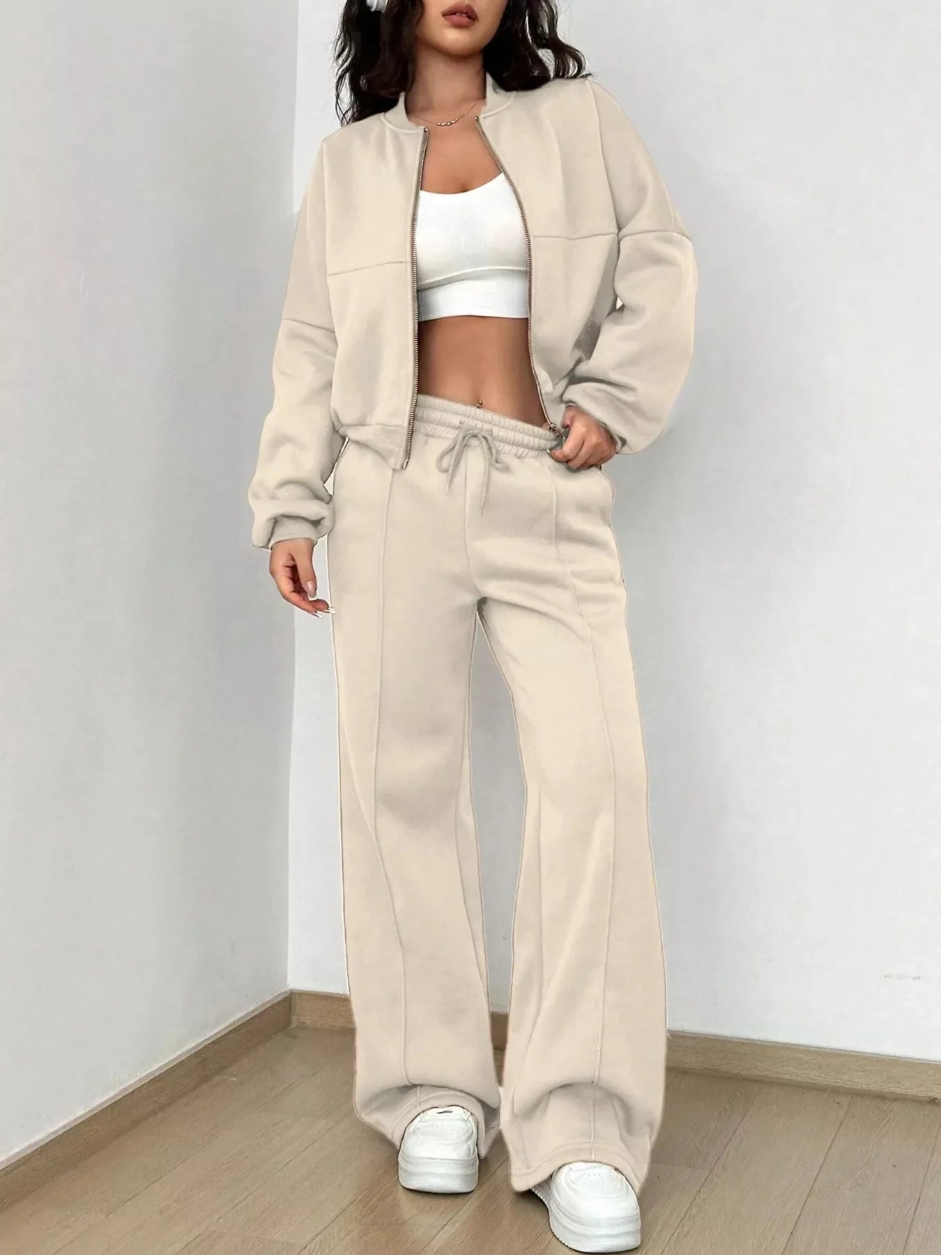 Conjunto de chaqueta con cremallera de color liso informal y pantalones de pernera ancha