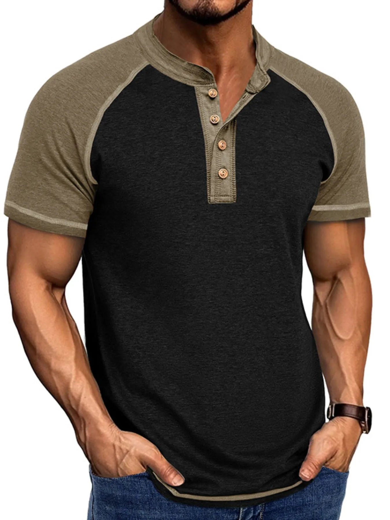 Camiseta Henley Raglán para Hombre con Bloques de Color