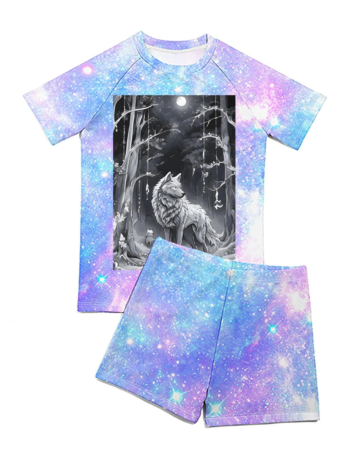 Ethereal Wolf in the Moonlight Short Sleeve 2-piece Swimsuit for Children (Front Printing)
