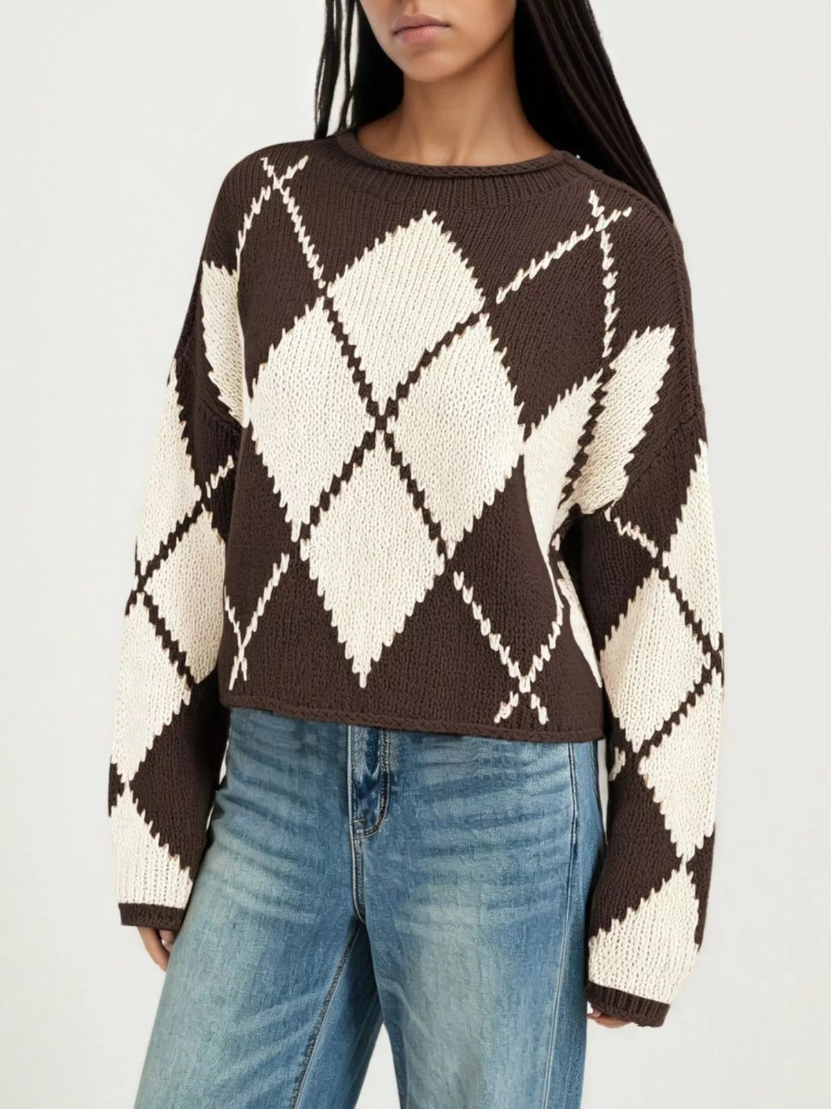 Argyle Pattern Knit Dropped Shoulder Sweater