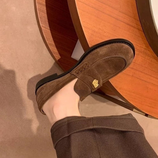 Women's British-Style Gold Coin Loafers | Block Heel Leather Slip-Ons
