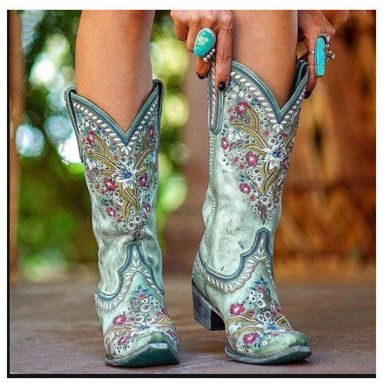 Women's Mid-Heel Ethnic Embroidered Mid-Tube Boots