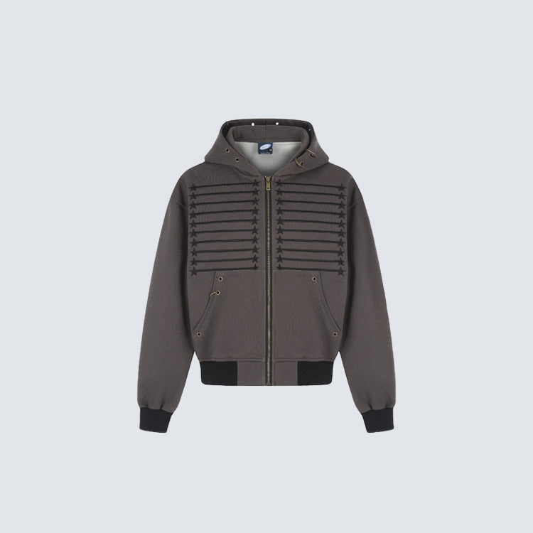 Hooded Cardigan Short-length Zip-up Sweatshirt With Star Embroidery