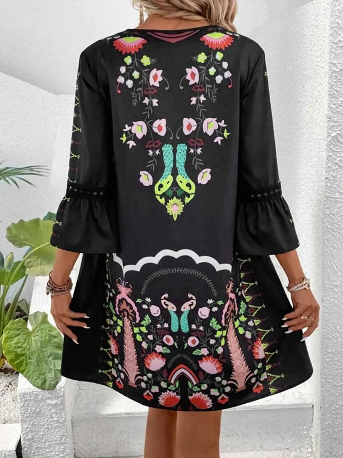Dresses Trendsi Lace Printed Three-Quarter Dress with Sheer Elegan