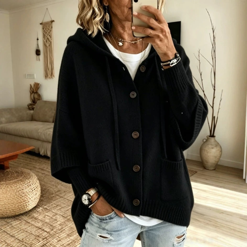 Fashion Autumn Winter Women's Button Knitted Hooded Drawstring Cardigan Sweater Coat For Women