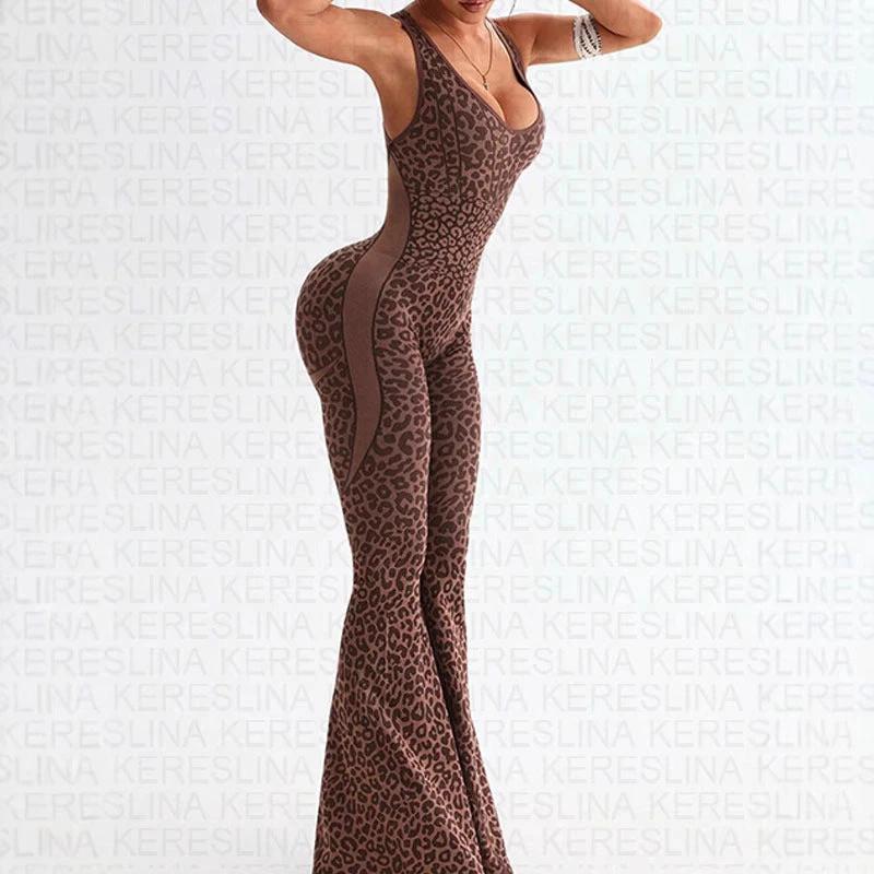 Leopard Print Printed V-neck Backless Slim Fit Halter Jumpsuit