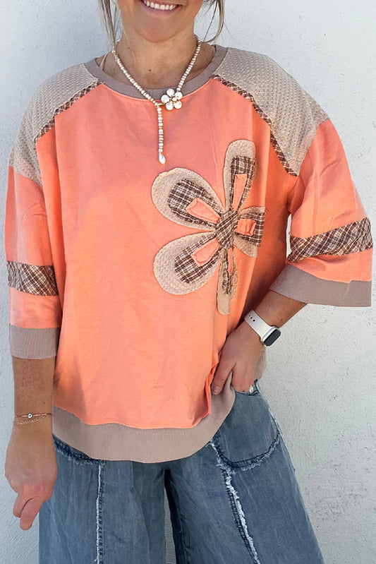 Top de manga francesa con cuello tipo gofre, de patchwork a cuadros, naranja y toronja