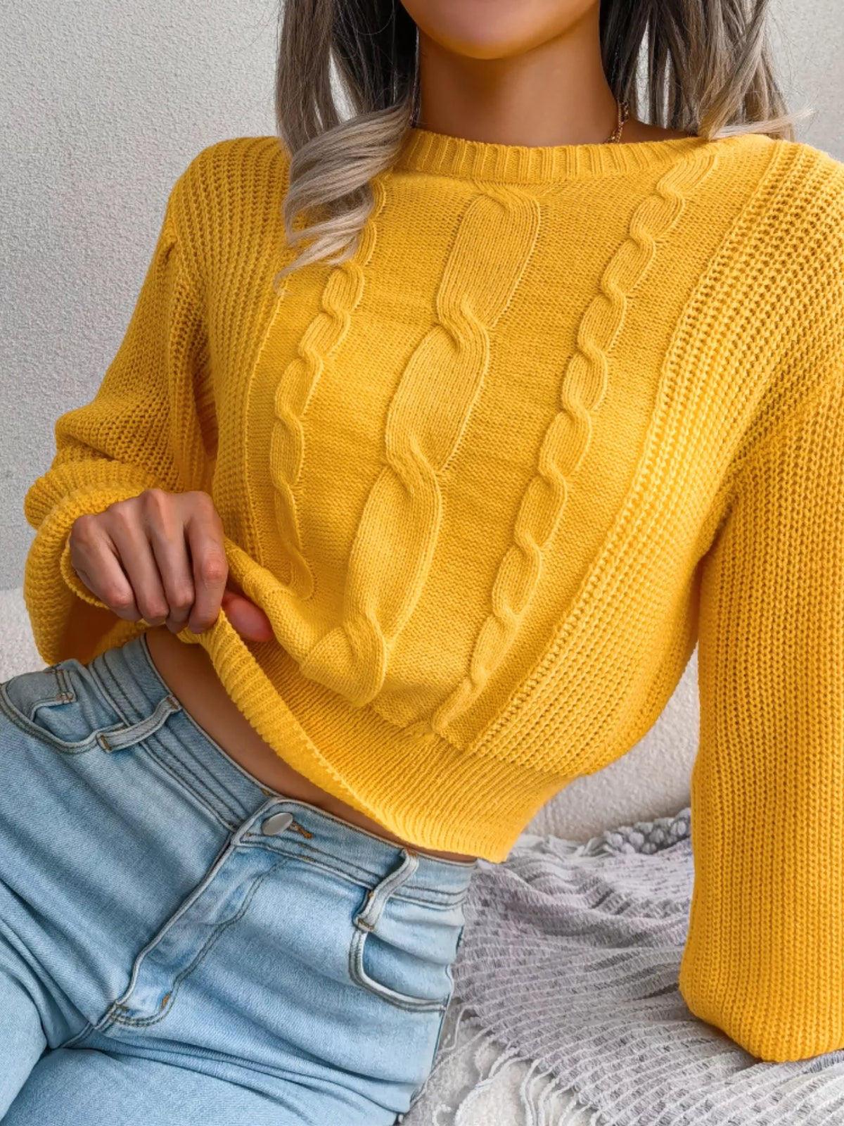 Cable Knit Round Neck Cropped Sweater