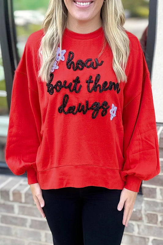 Sudadera Gráfica de Purpurina Roja Feroz "How Bout Them Dawgs"