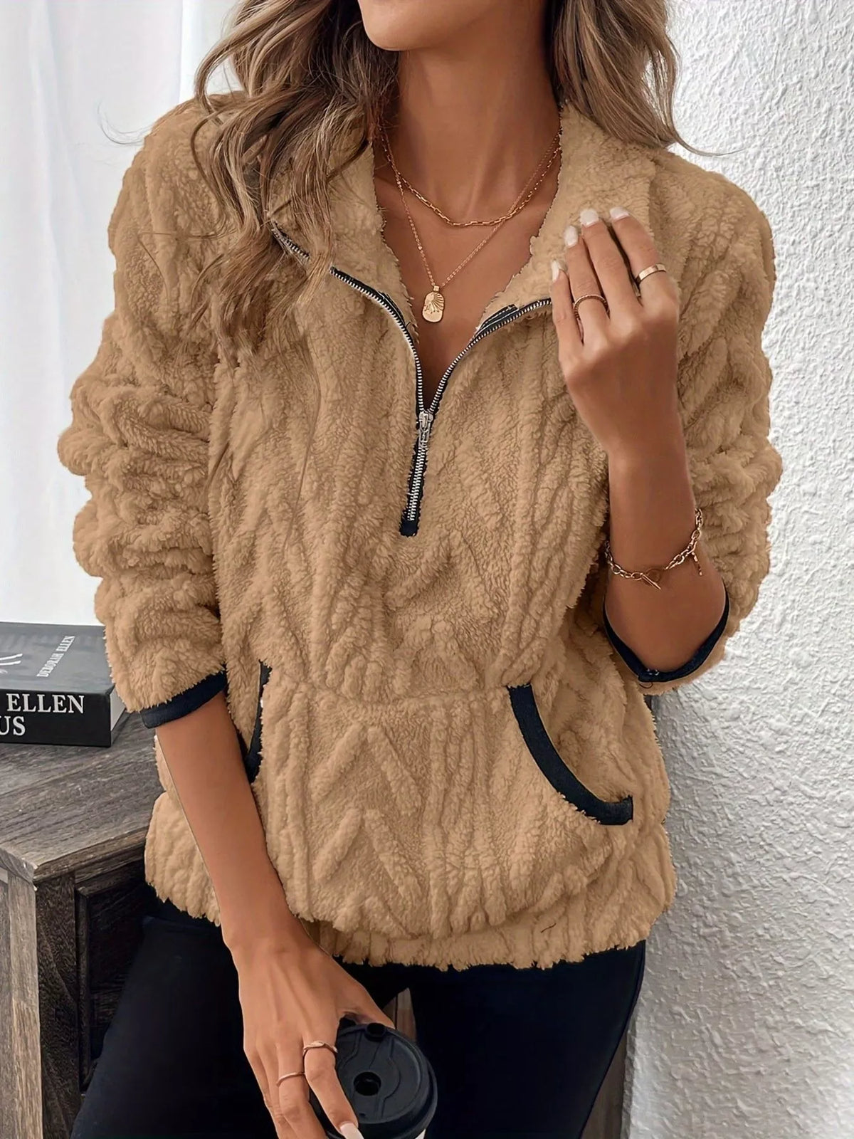Full Size Half Zip Kangaroo Pocket Sweatshirt Plus Size