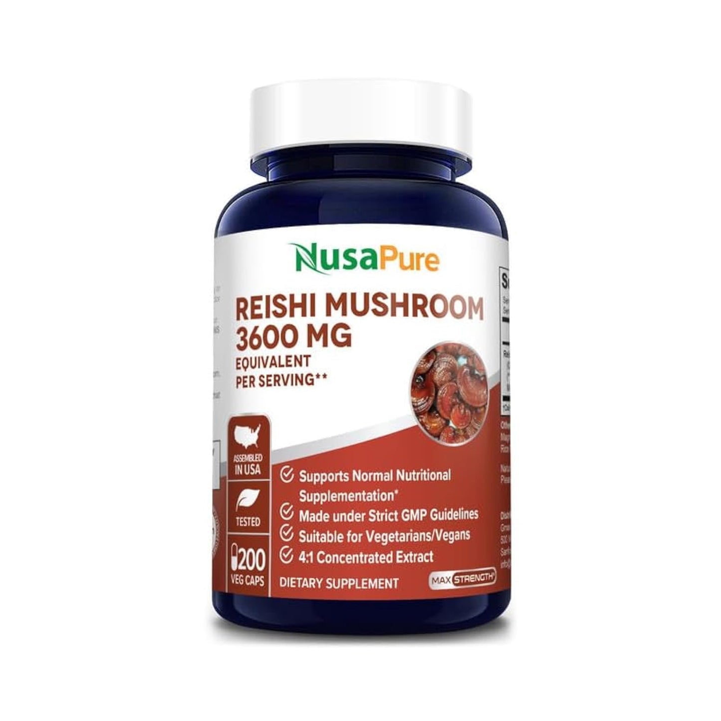 NusaPure Reishi Mushroom 4:1 Extract, 900 mg per Capsule 200 Veggie Caps Vegan, Non-GMO, Gluten-Free