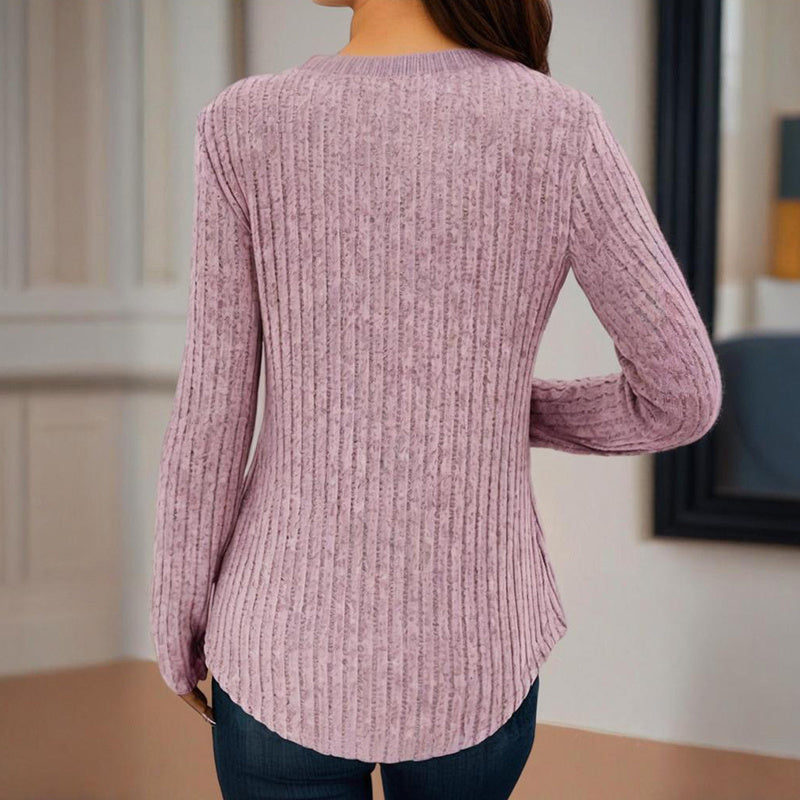Top de punto de manga larga con cuello de pico y botones de color liso para mujer