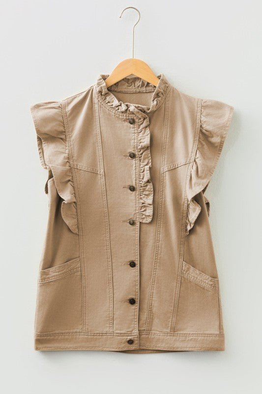 Denim Patchwork Ruffle Sleeve Jacket Vest See size chart under “more details”